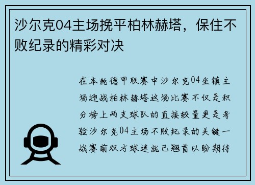 沙尔克04主场挽平柏林赫塔，保住不败纪录的精彩对决